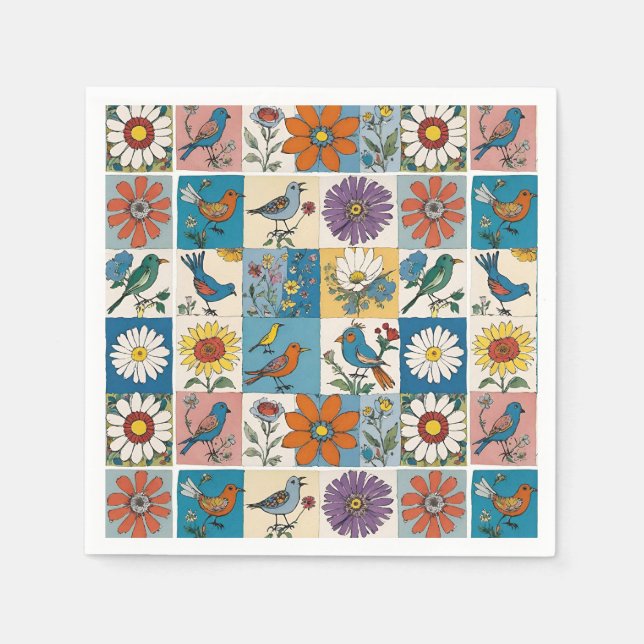 Hippie Folk Art Floral Patchwork With Birds Napkin (Front)