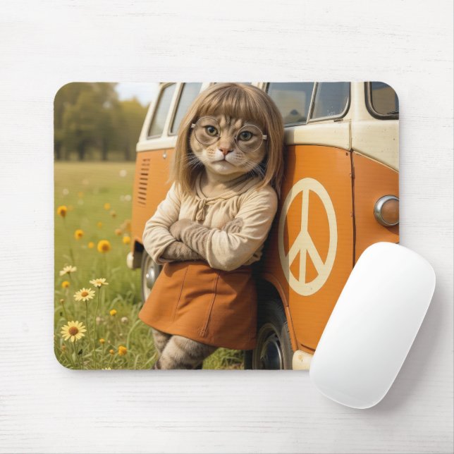 Hippie Girl Cat Leaning On a Retro Van Mouse Pad (With Mouse)