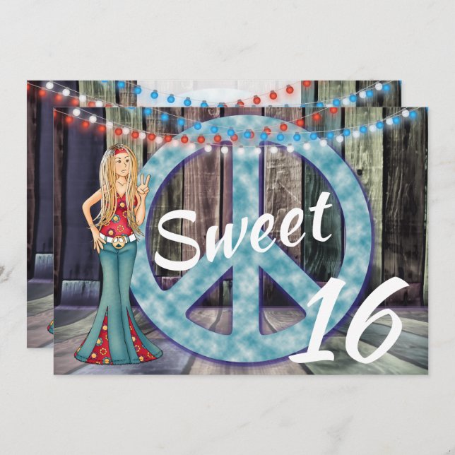 Hippie Girl, Peace Sign, Lights Sweet 16 Birthday Invitation (Front/Back)