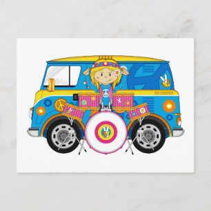 Hippie Girl with Drums and Camper Van Postcard