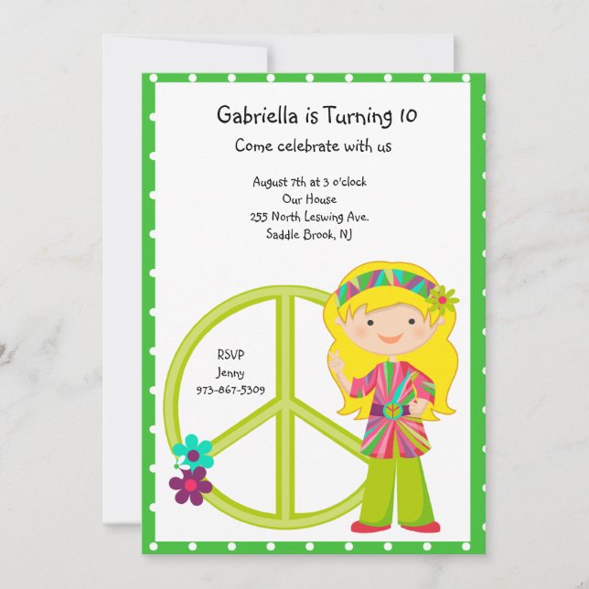 Hippie Girl with Peace Sign Girls Invite (Front)