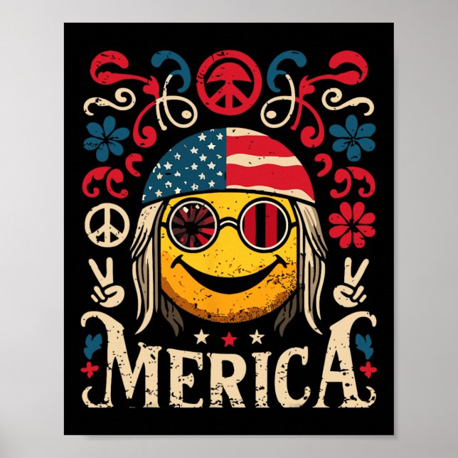 Hippie Groovy Face July 4th Us Flag Groovy Decor M (Front)
