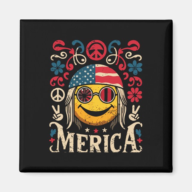 Hippie Groovy Face July 4th Us Flag Groovy Decor M Magnet (Front)