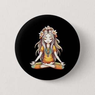 Hippie Groovy Girl Full Lotus Yoga Pose Art Illust 6 Cm Round Badge