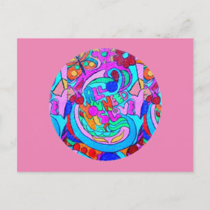 hippie groovy love circle pink postcard