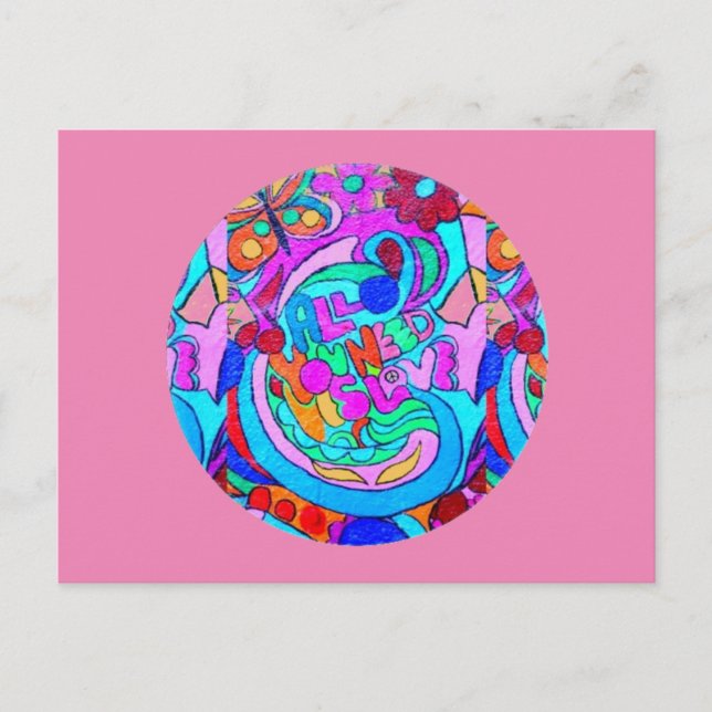 hippie groovy love circle pink postcard (Front)
