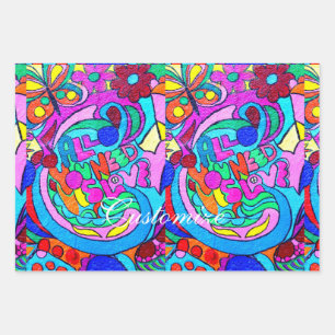 Hippie groovy peace and love wrapping paper sheet