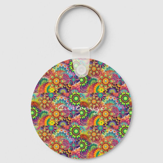 Hippie Groovy Techno Psychedelic Thunder_Cove Key Ring (Front)