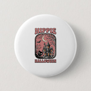 Hippie Halloween Cat Haunted House Vintage Design_ 6 Cm Round Badge