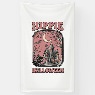 Hippie Halloween Cat Haunted House Vintage Design_ Banner