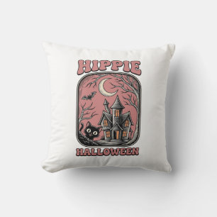 Hippie Halloween Cat Haunted House Vintage Design_ Cushion