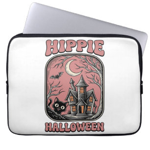 Hippie Halloween Cat Haunted House Vintage Design_ Laptop Sleeve