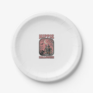 Hippie Halloween Cat Haunted House Vintage Design_ Paper Plate