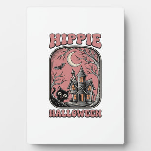 Hippie Halloween Cat Haunted House Vintage Design_ Plaque