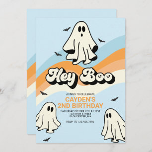 Hippie Halloween Retro Ghost Hey Boo blue Invitation
