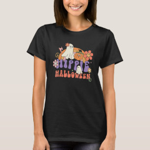 Hippie Halloween Retro Ghost Pumpkin Rainbow Groov T-Shirt