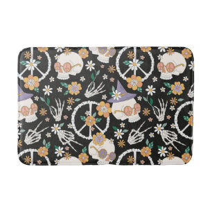 Hippie Halloween Skulls and Flowers Pattern Bath Mat