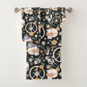 Hippie Halloween Skulls and Flowers Pattern Bath Towel Set