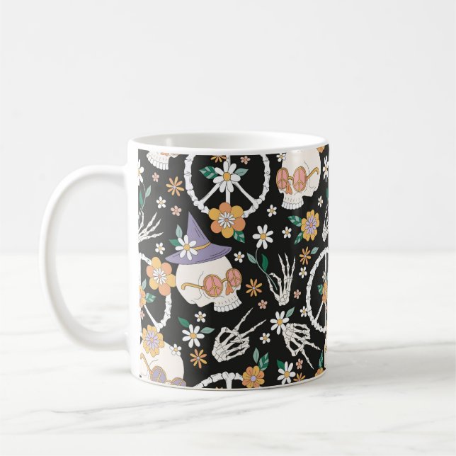 Hippie Halloween Skulls and Flowers Pattern Coffee Mug (Left)