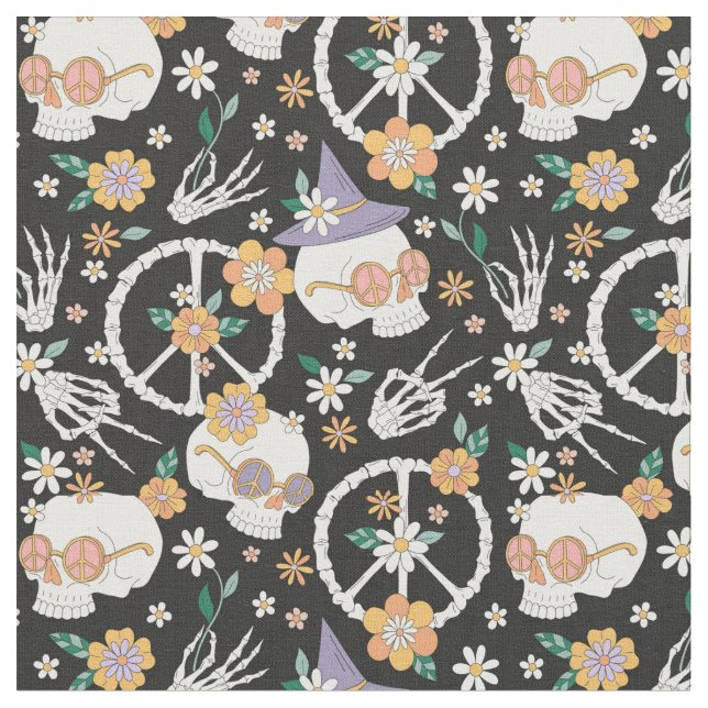Hippie Halloween Skulls and Flowers Pattern Fabric (Close Up)