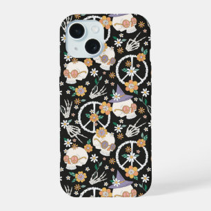 Hippie Halloween Skulls and Flowers Pattern iPhone 15 Case
