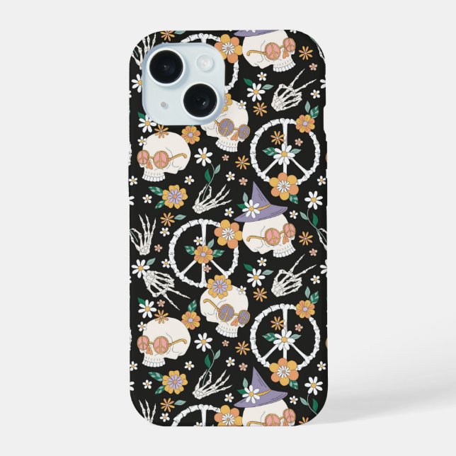 Hippie Halloween Skulls and Flowers Pattern iPhone 15 Case (Back)
