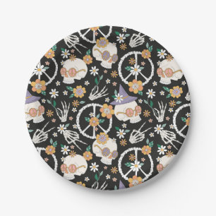Hippie Halloween Skulls and Flowers Pattern Paper Plate