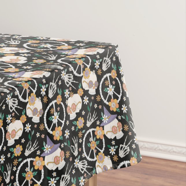 Hippie Halloween Skulls and Flowers Pattern Tablecloth (In Situ)