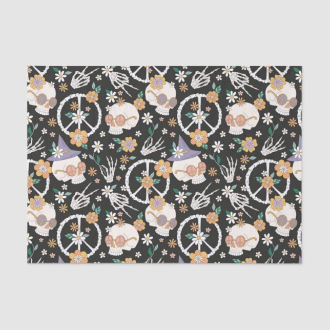 Hippie Halloween Skulls and Flowers Pattern Tissue Paper (Front)