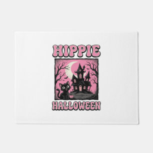 Hippie Halloween Vintage Haunted House Cat Shirt_1 Doormat