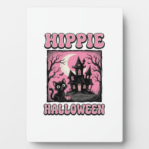 Hippie Halloween Vintage Haunted House Cat Shirt_1 Plaque