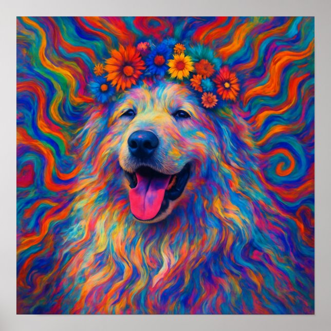Hippie Happy Great Pyrenees Dog Art Portrait Poster (Front)