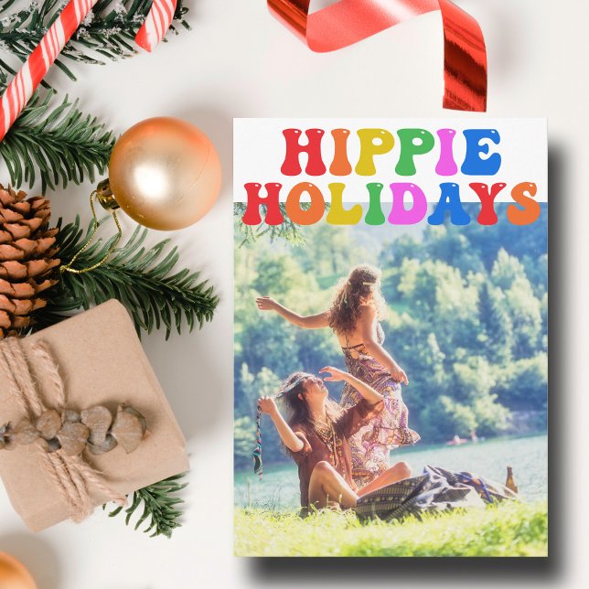 Hippie Holidays Cute Retro 70s Family Photo Card (Creator Uploaded)
