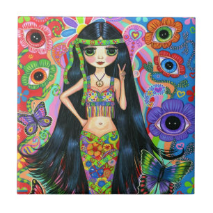 Hippie Mermaid Girl with Eye Flowers & Butterflies Ceramic Tile