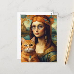 Hippie Mona Lisa and Her Ginger Cat Postcard
