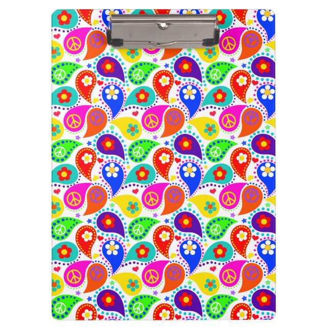 Hippie Paisley Peace Signs and Flowers Clipboard (Front)