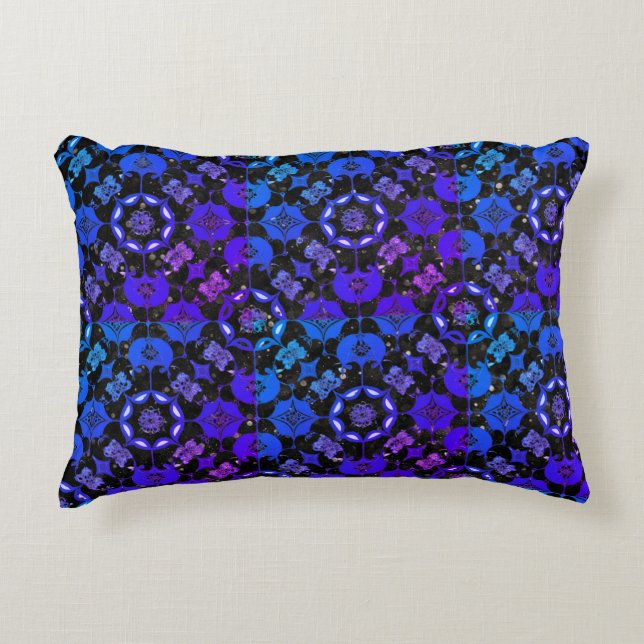 Hippie Patterned Geometric Blue Purple Black Decorative Cushion (Front)