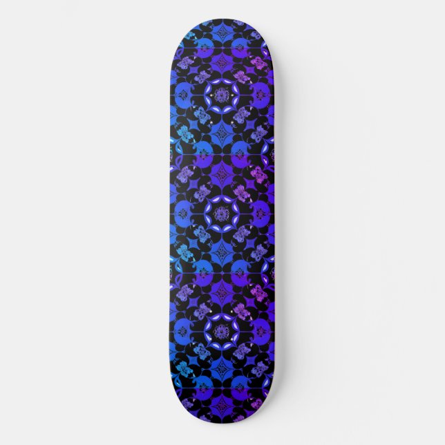 Hippie Patterned Retro Geometric Blue Purple Black Skateboard (Front)