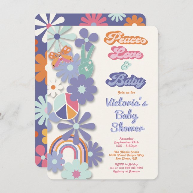 Hippie Peace Love & Baby 70s 60s Baby Shower Invitation (Front/Back)
