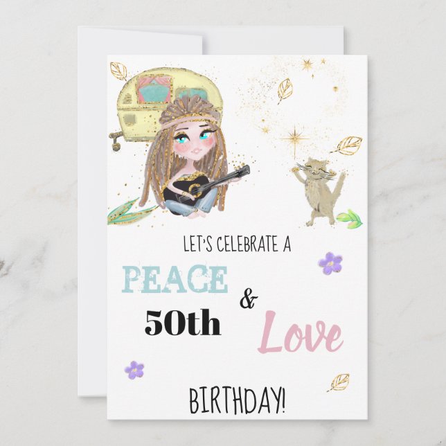 * Hippie Peace & Love Camping Birthday Invitation (Front)