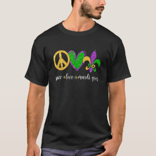 Hippie Peace Love Mardi Gras Peace Sign Heart Fleu T-Shirt