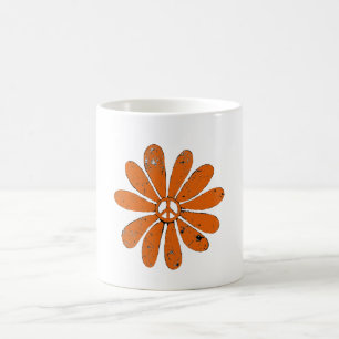Hippie Peace Sign Flower Orange Distressed Look Coffee Mug