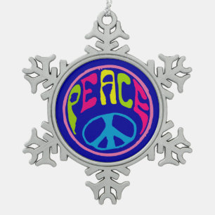Hippie Peace Sign Snowflake Pewter Christmas Ornament