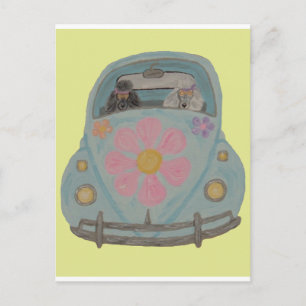 Hippie Poodles in their Flower Child Love Car Invitation Postcard