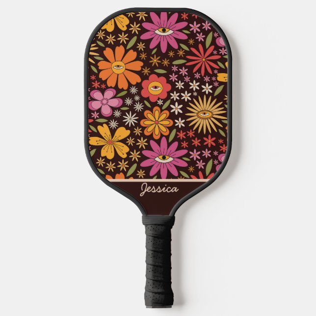 Hippie Psychedelic 70s Groovy Flowers Eye Custom  Pickleball Paddle (Front)