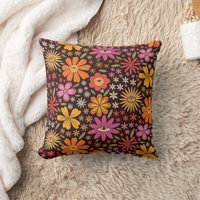Hippie Psychedelic 70s Groovy Flowers Eye Pattern  Cushion (Blanket)
