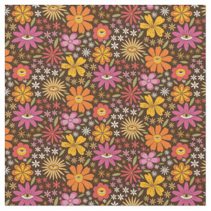 Hippie Psychedelic 70s Groovy Flowers Eye Pattern Fabric