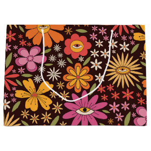 Hippie Psychedelic 70s Groovy Flowers Eye Pattern Large Gift Bag