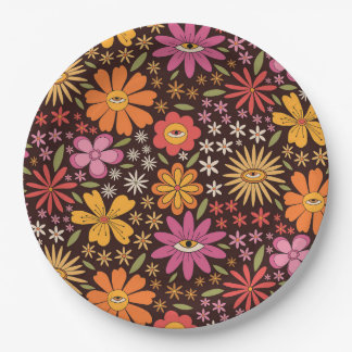Hippie Psychedelic 70s Groovy Flowers Eye Pattern Paper Plate