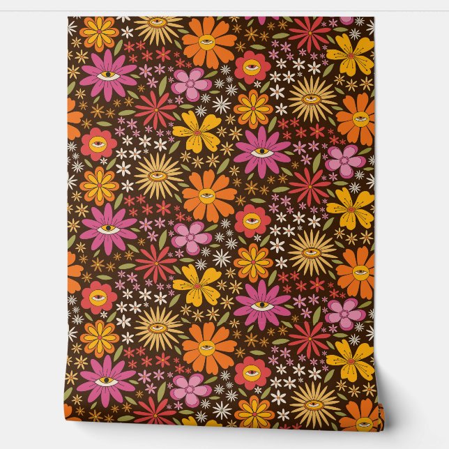 Hippie Psychedelic 70s Groovy Flowers Eye Pattern Wallpaper (Unrolling)